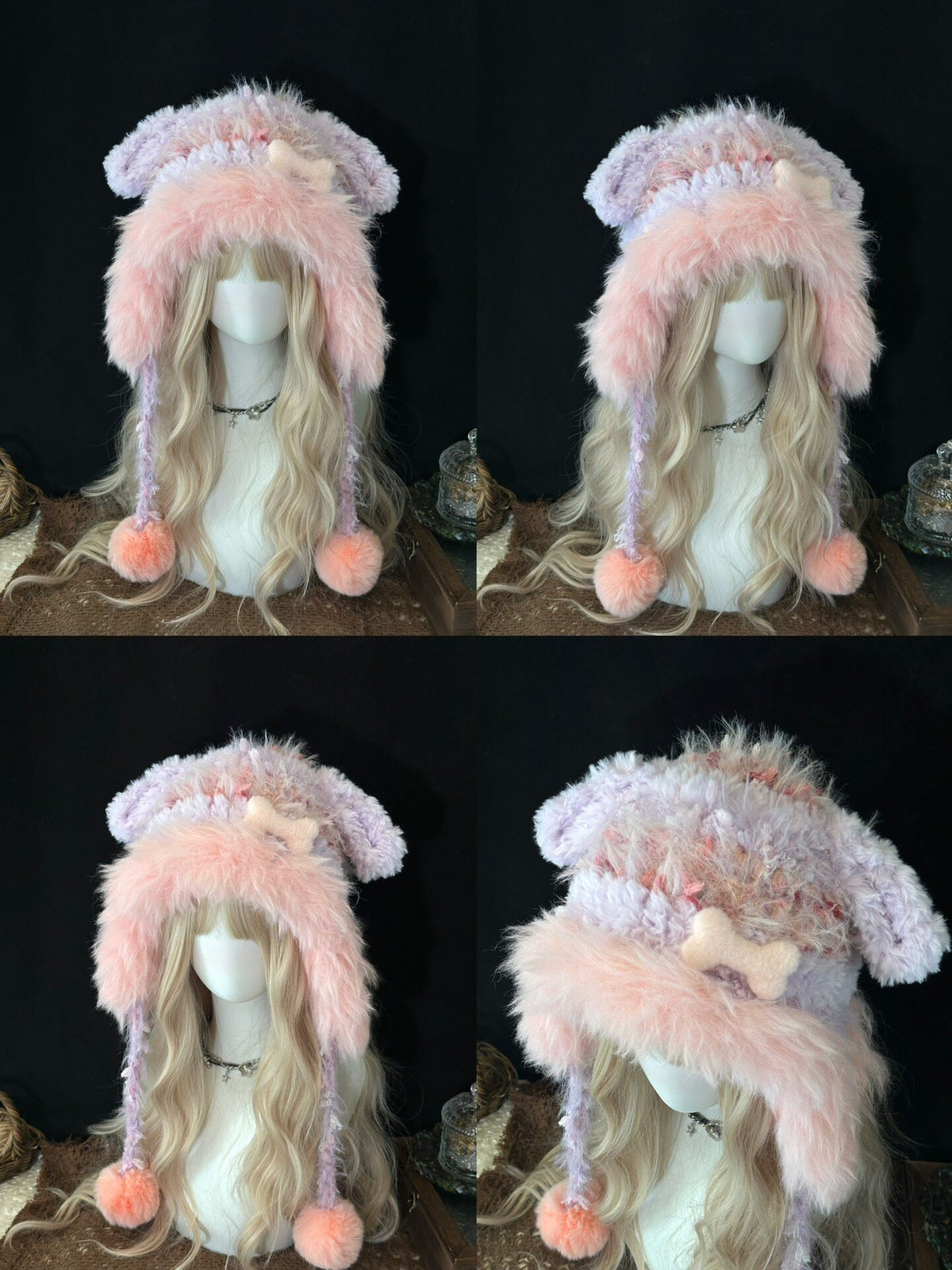 handmade crochet dog ear hat in pastel pink and purple shaggy faux fur with a crochet bone charm, long braided ties and soft pompom ends, a kawaii winter accessory
