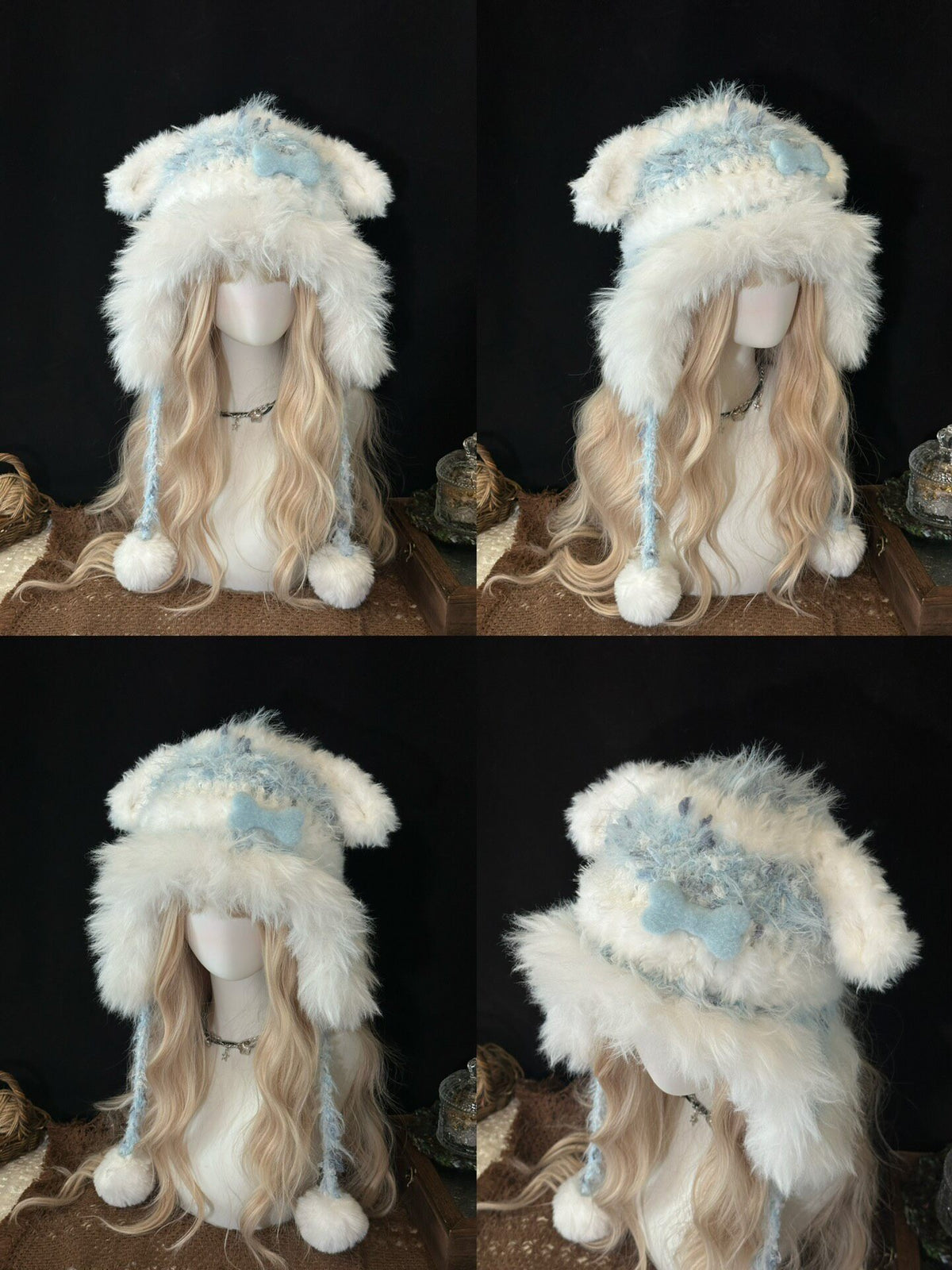 handmade crochet dog ear hat in white and pale blue shaggy texture with a crochet bone charm, long braided ties and fluffy pompom ends, a cozy pastel winter hat