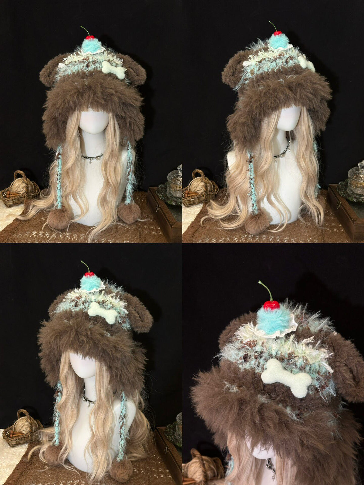 handmade crochet dog ear hat in brown and pale blue shaggy texture, featuring a crochet bone charm and cherry top, with long braided ties