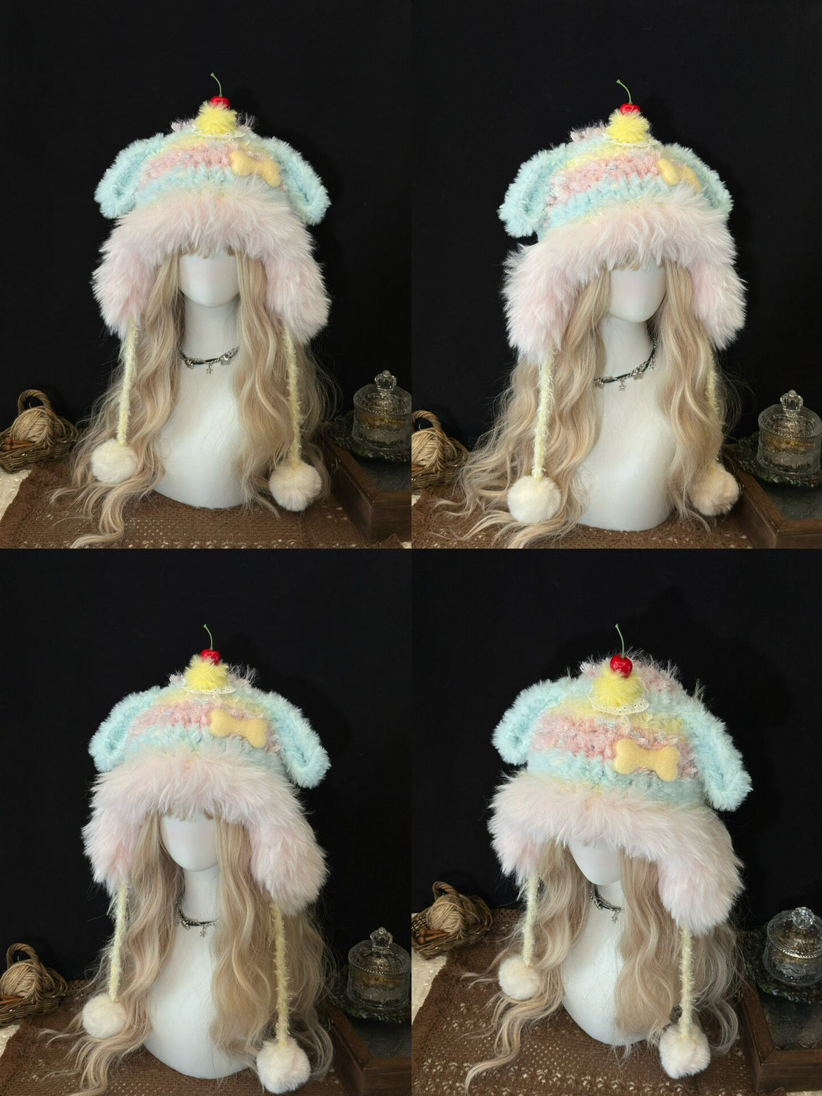 handmade crochet dog ear hat in pastel pink, mint green, and yellow shaggy texture with a cherry and bone charm, long braided ties and pompom ends