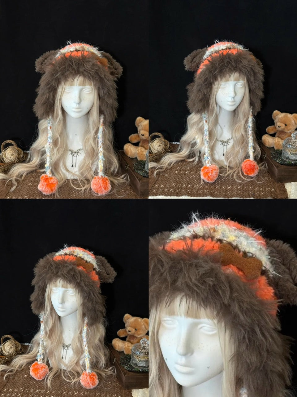 handmade crochet dog ear hat in brown and orange shaggy faux fur with long braided ties and orange pompom ends, a whimsical winter accessory