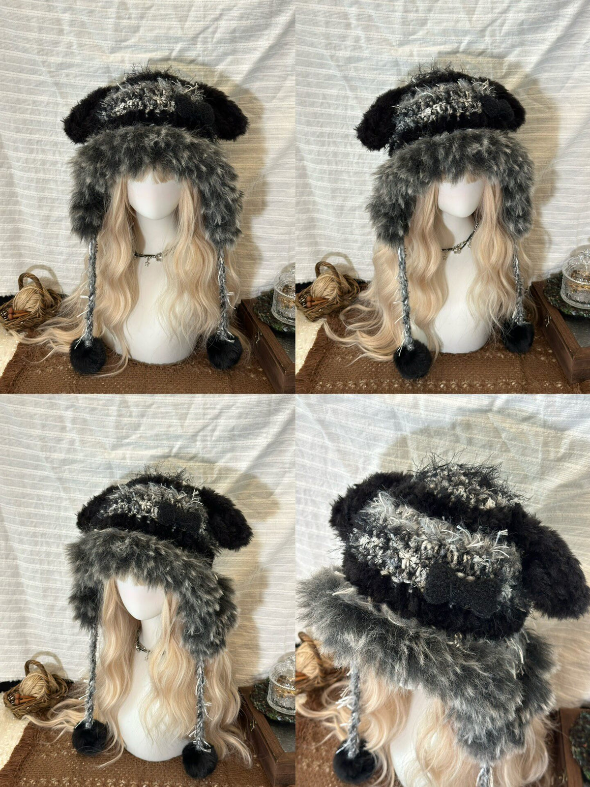 handmade crochet dog ear hat in black and gray shaggy texture with a crochet bone charm, long braided ties and fluffy pompom ends, an alternative winter hat