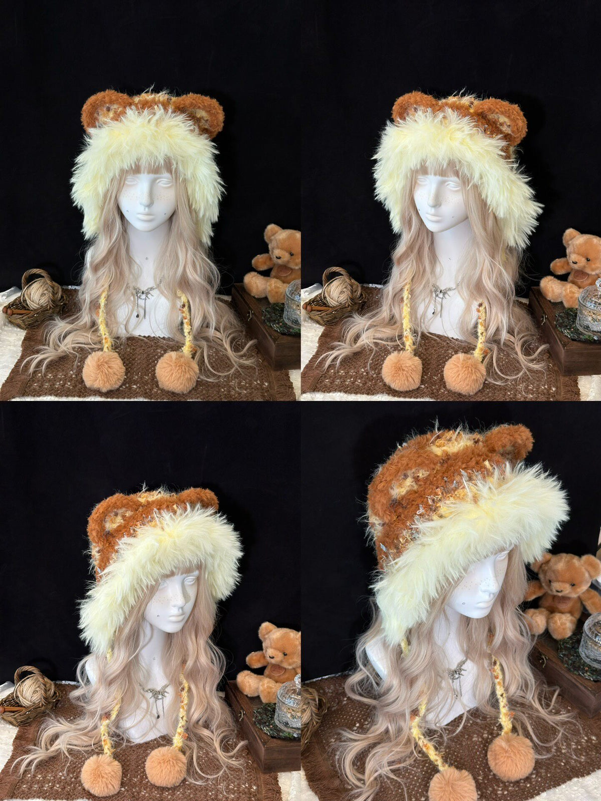 handmade crochet dog ear hat in brown and yellow shaggy faux fur with long braided ties and soft pompom ends, a cozy cottagecore winter hat