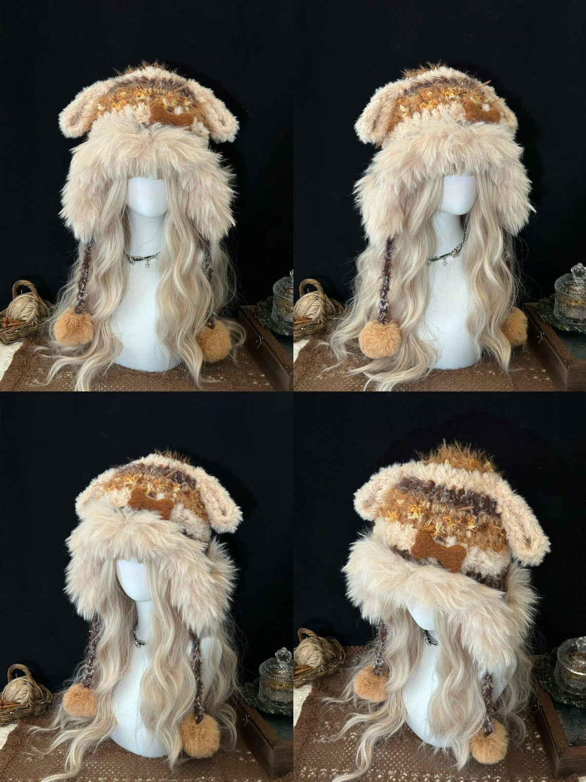 handmade crochet dog ear hat in brown and cream shaggy faux fur with a crochet bone charm, long braided ties and fluffy pompom ends, a whimsical winter accessory