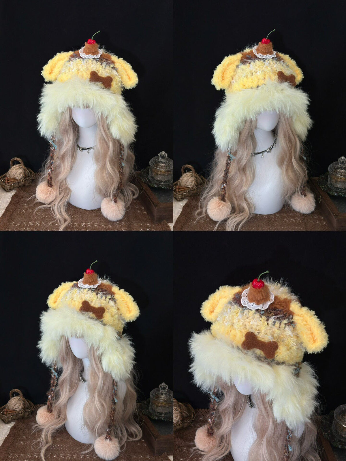 handmade crochet dog ear hat in yellow and brown shaggy faux fur with a crochet bone and cherry detail, long braided ties and pompom ends