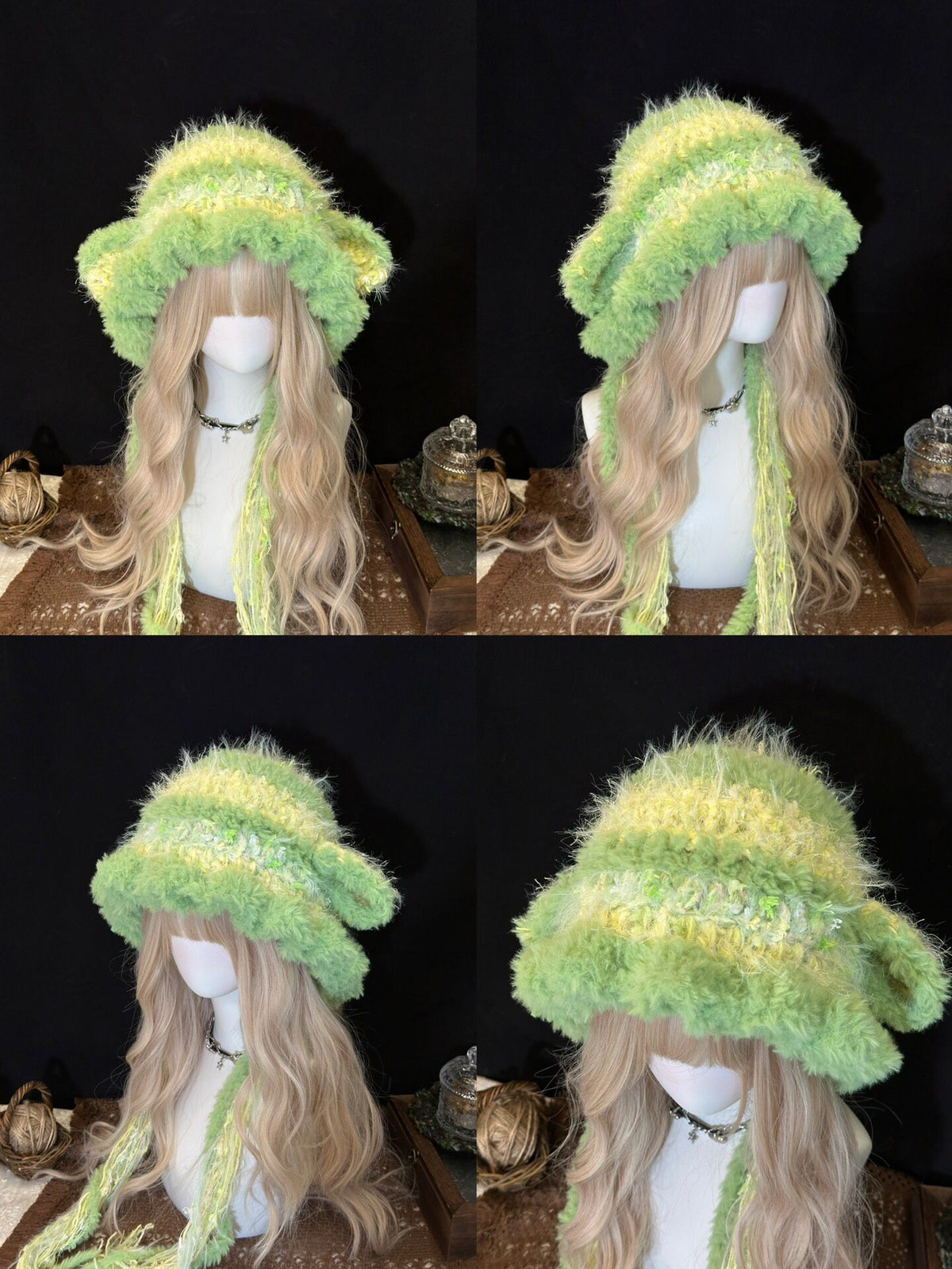handmade crochet animal ear hat in yellow and green shaggy faux fur with long trailing ties and fluffy pompom ends, a whimsical winter accessory