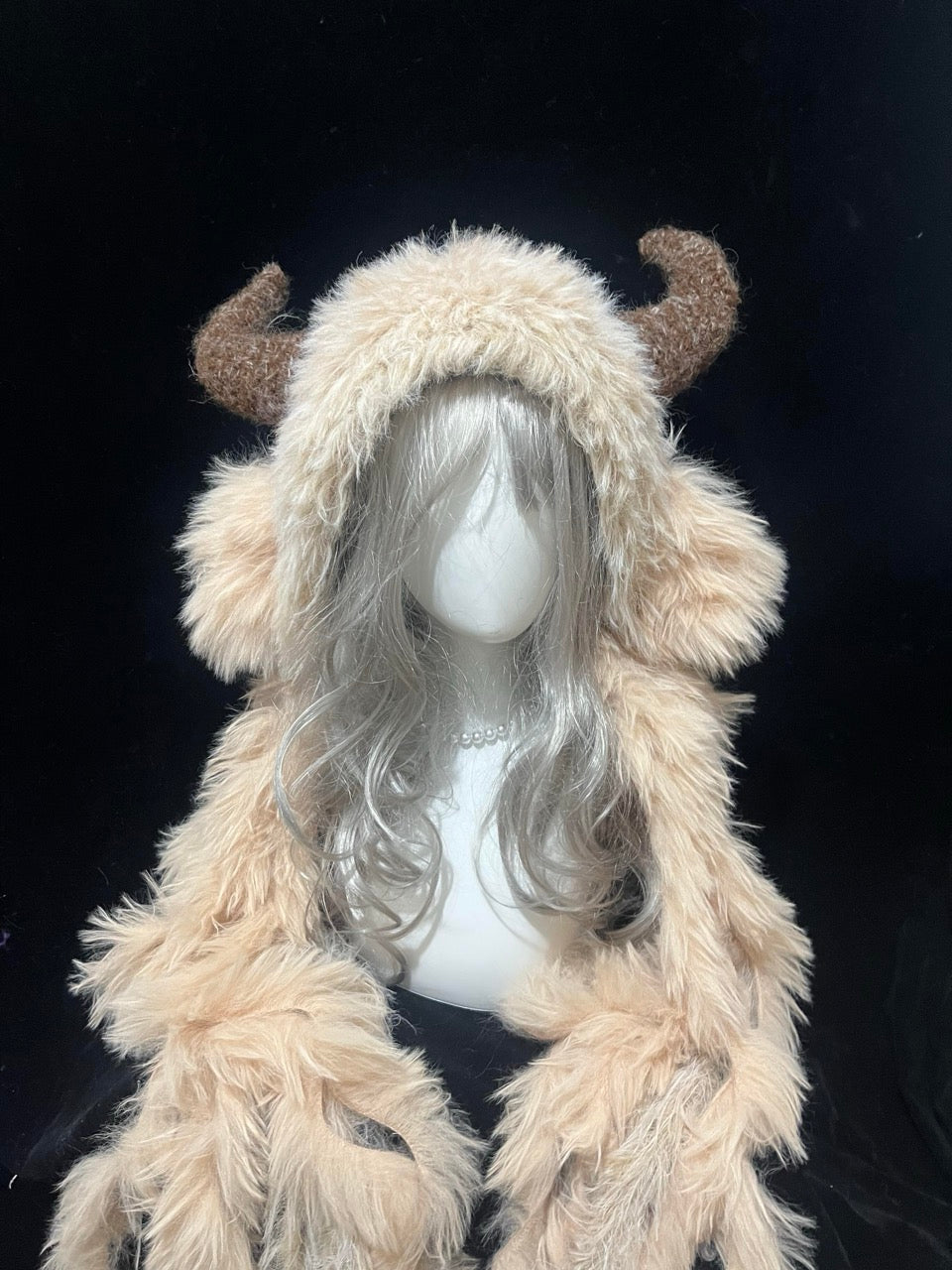 handmade crochet cottagecore goat horn hood in light khaki shaggy texture with brown curved horns, woodland festival headwear