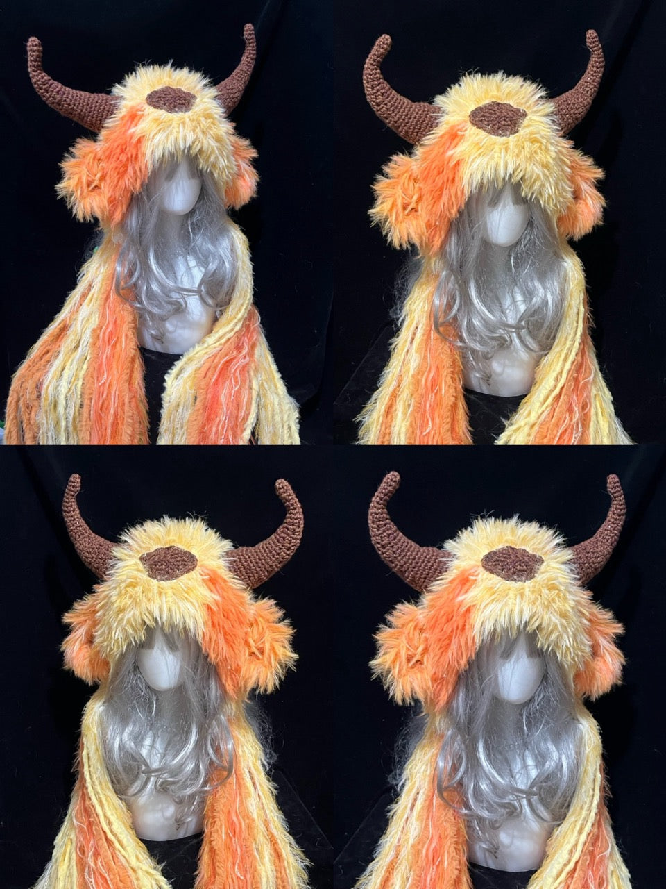 collection of handmade crochet goblincore goat horn hoods in orange and yellow gradient shaggy texture with brown curved horns, festival and cosplay accessory
