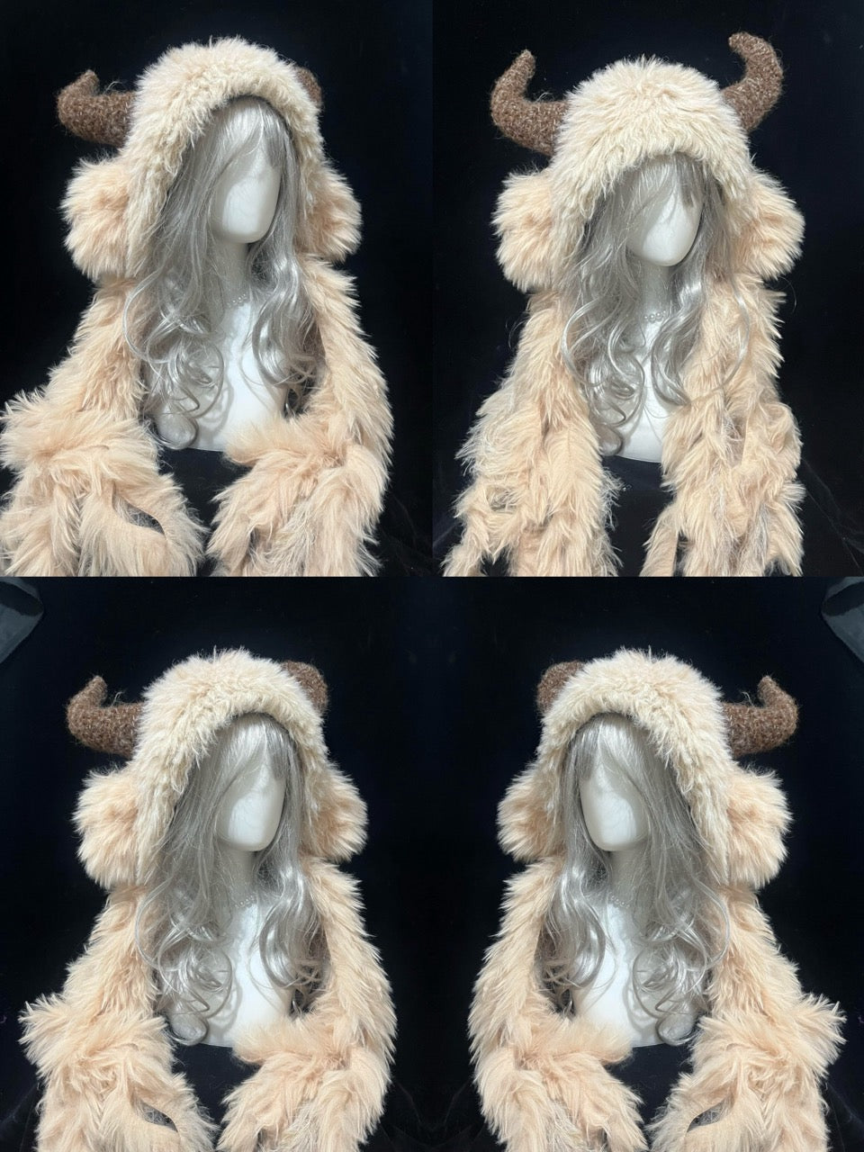 collection of handmade crochet cottagecore goat horn hoods in light khaki shaggy texture with brown curved horns, woodland festival headwear