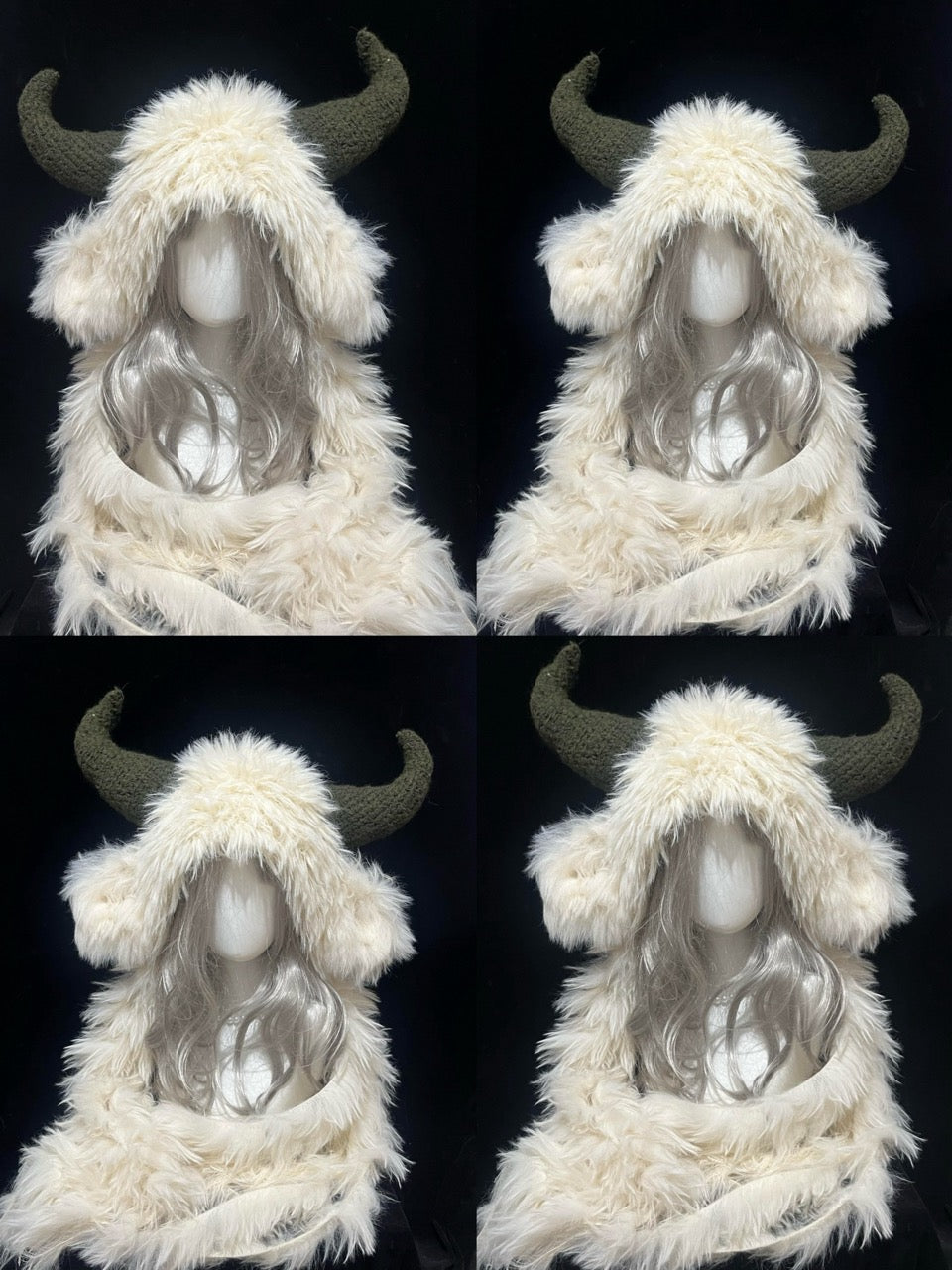 collection of handmade crochet goblincore goat horn hoods in cream shaggy texture with dark green curved horns, woodland cosplay hat