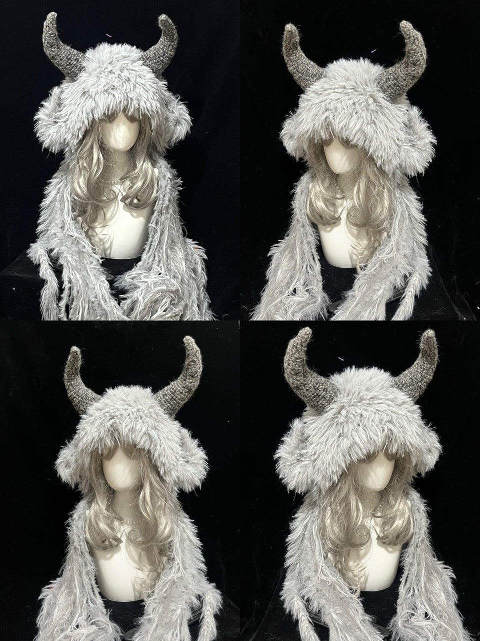 collection of handmade crochet dark fairycore goat horn hoods in gray and white shaggy texture with curved gray horns, fantasy festival headwear