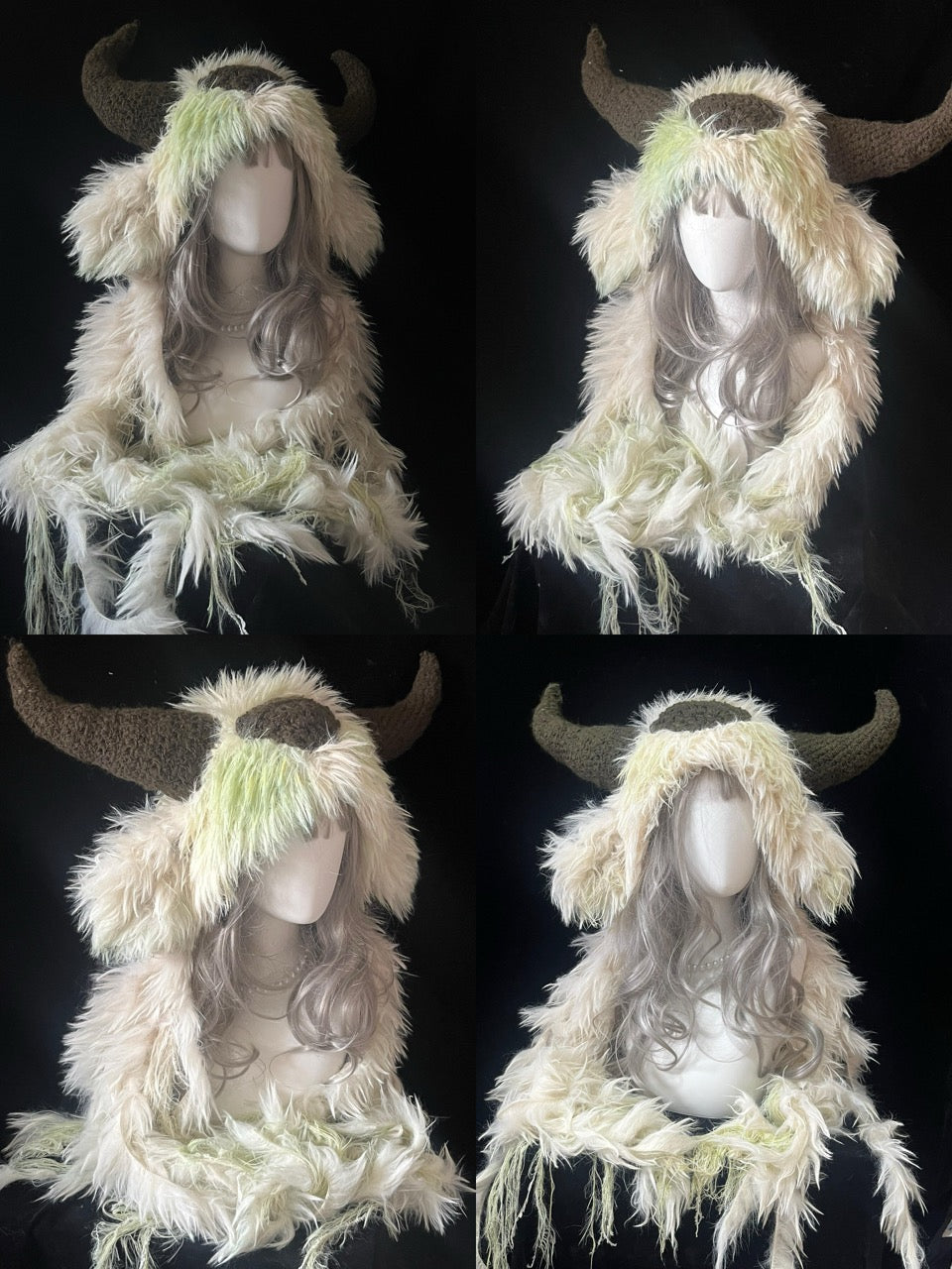 collection of handmade crochet cottagecore goat horn hoods in cream and pale green shaggy texture with brown curved horns and forehead patch, fantasy festival accessory