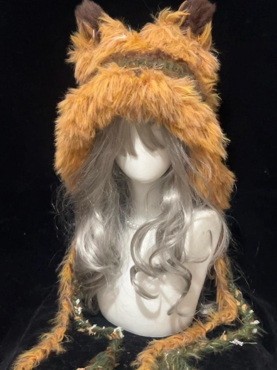 handmade crochet woodland fox ear hat in orange and brown shaggy texture with long braided ties, cottagecore forest headwear