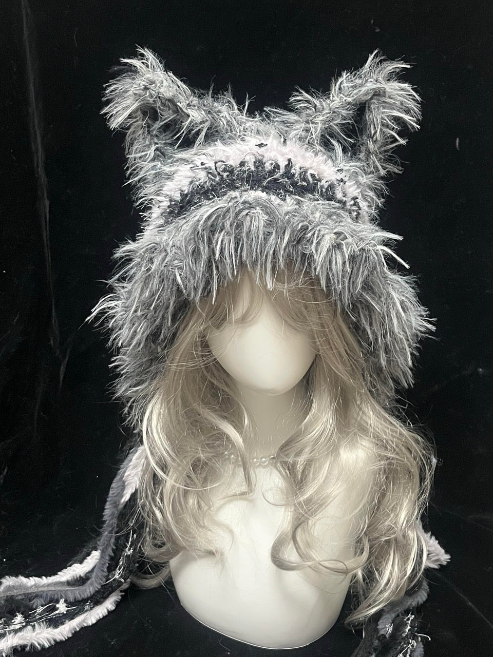 handmade crochet grunge fox ear hat in gray, white, and black shaggy texture with long braided ties, alternative fashion winter hat