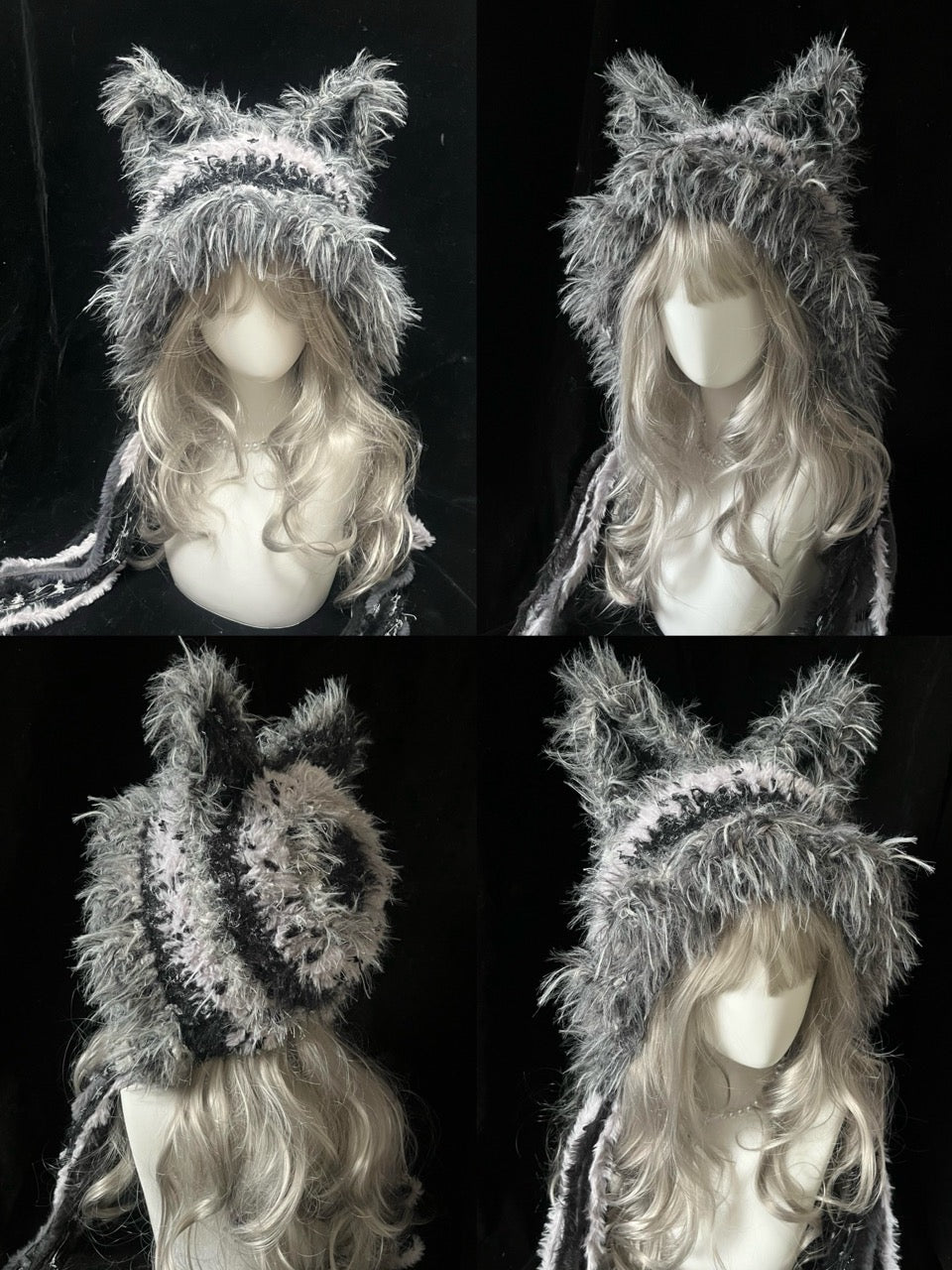 handmade crochet grunge fox ear hood in gray, white, and black shaggy texture with long braided ties, alternative winter hat