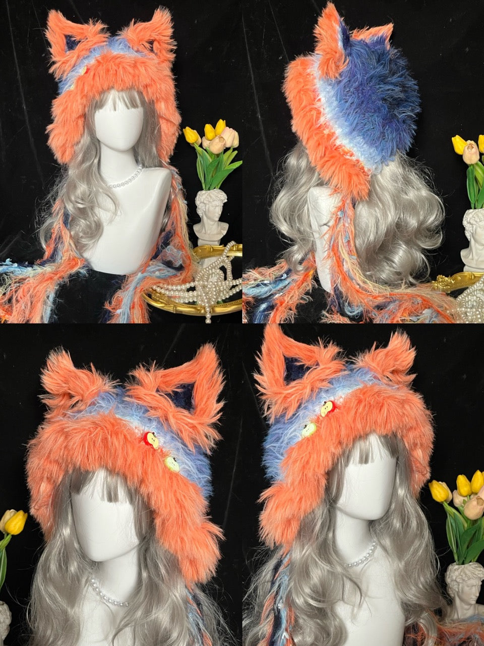 handmade crochet y2k fox ear hood in bright orange and blue shaggy texture with cherry charms and long tassels, rave festival accessory