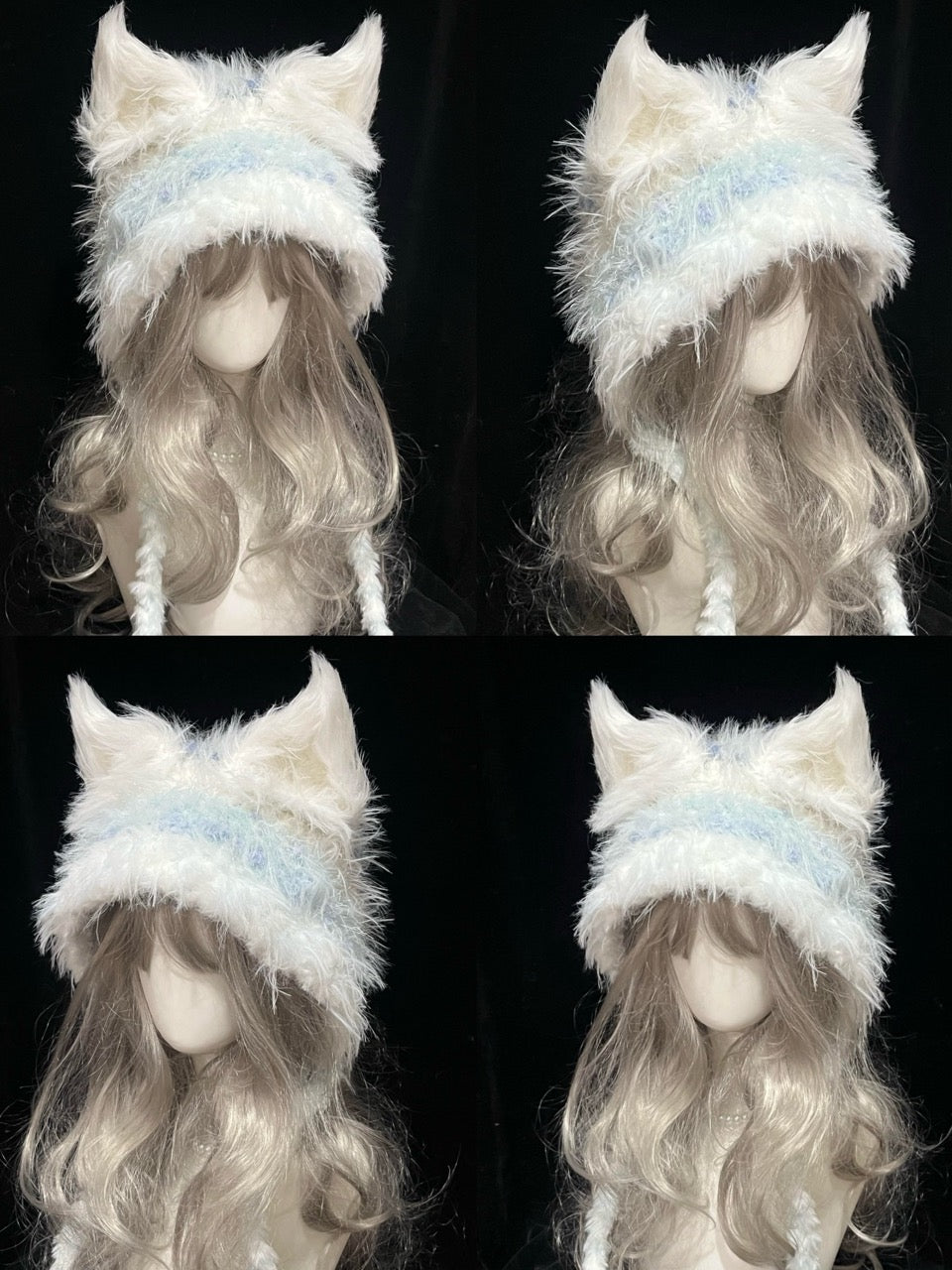 handmade crochet fairycore fox ear hood in white and pale blue shaggy texture with long braided ties, whimsical winter headwear