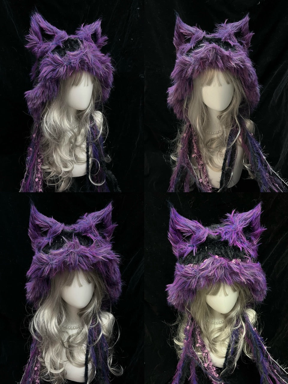 handmade crochet gothic fox ear hood in black and purple floral shaggy texture with long tassels, dark fairycore winter hat