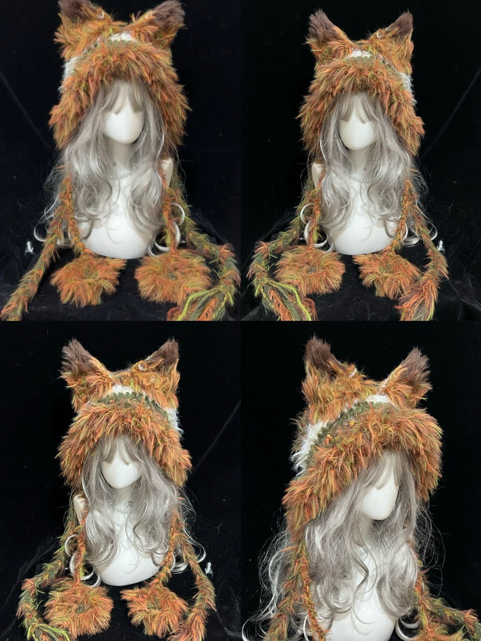 handmade crochet goblincore fox ear hood in orange and green mixed shaggy texture with long braided ties, woodland festival hat