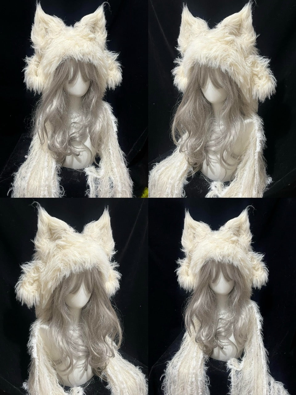 handmade crochet fairycore fox ear hood in pure white shaggy texture with long draped sides, whimsical winter headwear