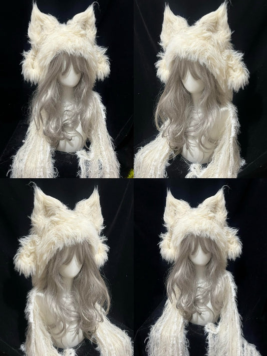 handmade crochet fairycore fox ear hood in pure white shaggy texture with long draped sides, whimsical winter headwear