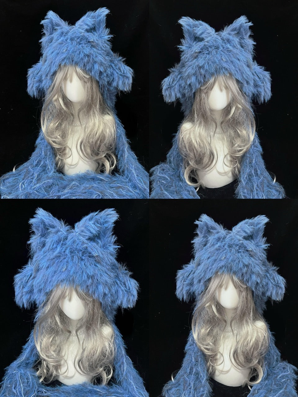 handmade crochet y2k fox ear hood in bright blue shaggy texture with long draped sides, rave festival accessory