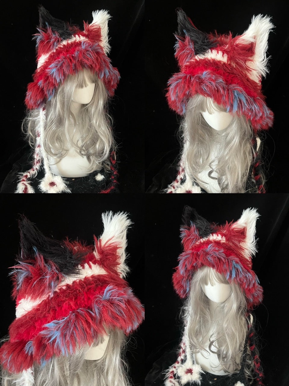 handmade crochet harlequin fox ear hood in red, white, blue, and black shaggy texture with long braided ties, circus cosplay hat