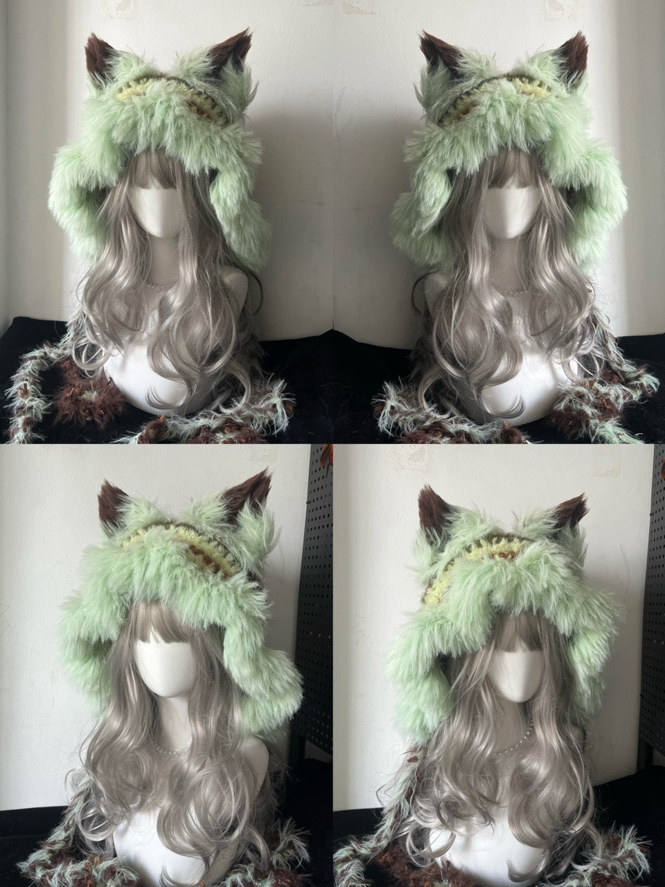 handmade crochet cottagecore fox ear hood in mint green and brown shaggy texture with long braided ties, woodland winter hat