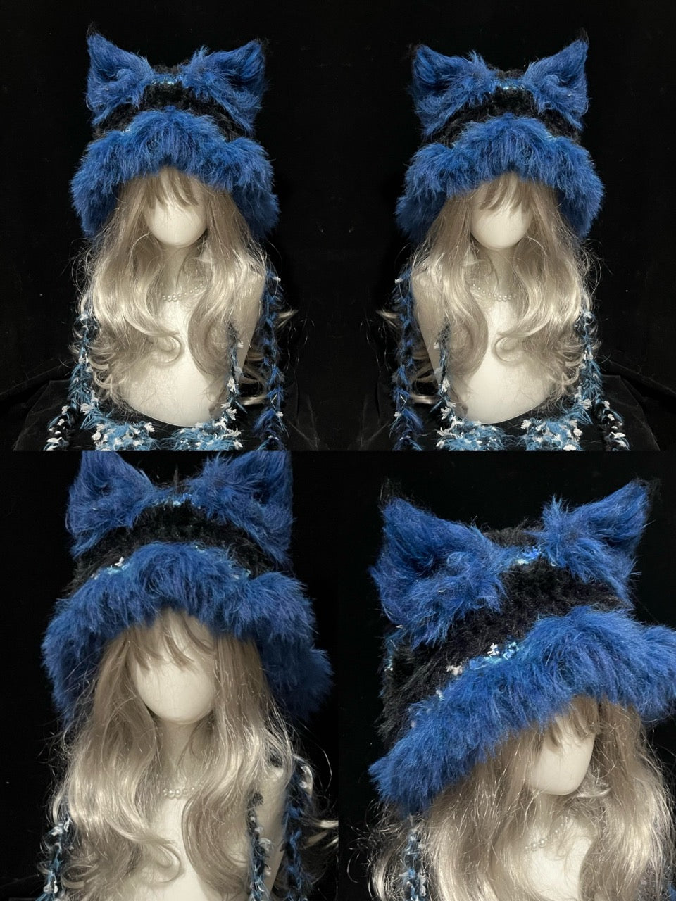 handmade crochet gothic fox ear hood in black and blue shaggy texture with floral speckles and long tassels, dark fantasy winter accessory