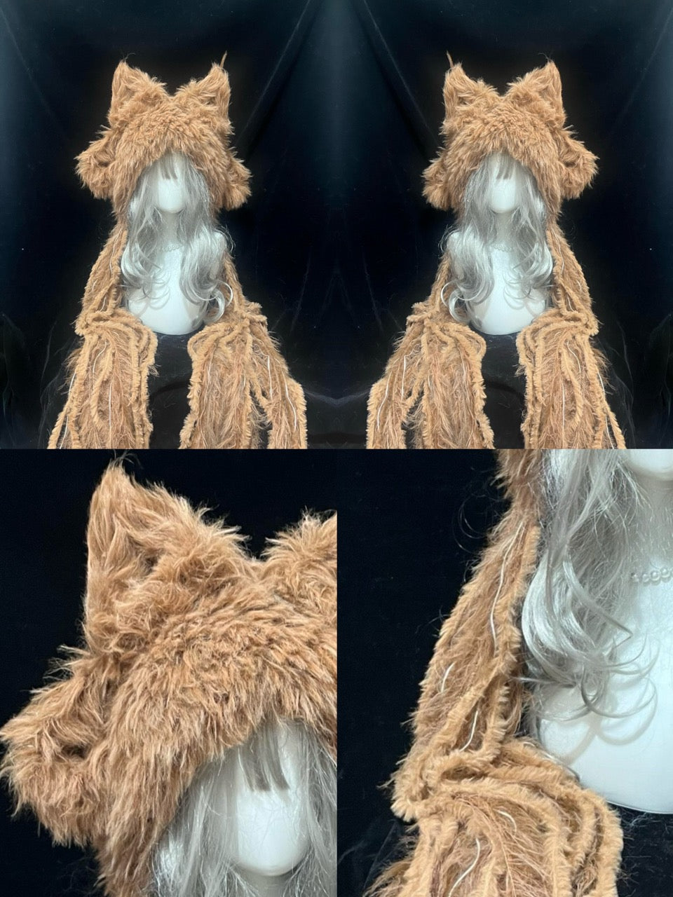 handmade crochet cottagecore fox ear hood in light camel shaggy texture with long draped sides, cozy winter animal hat