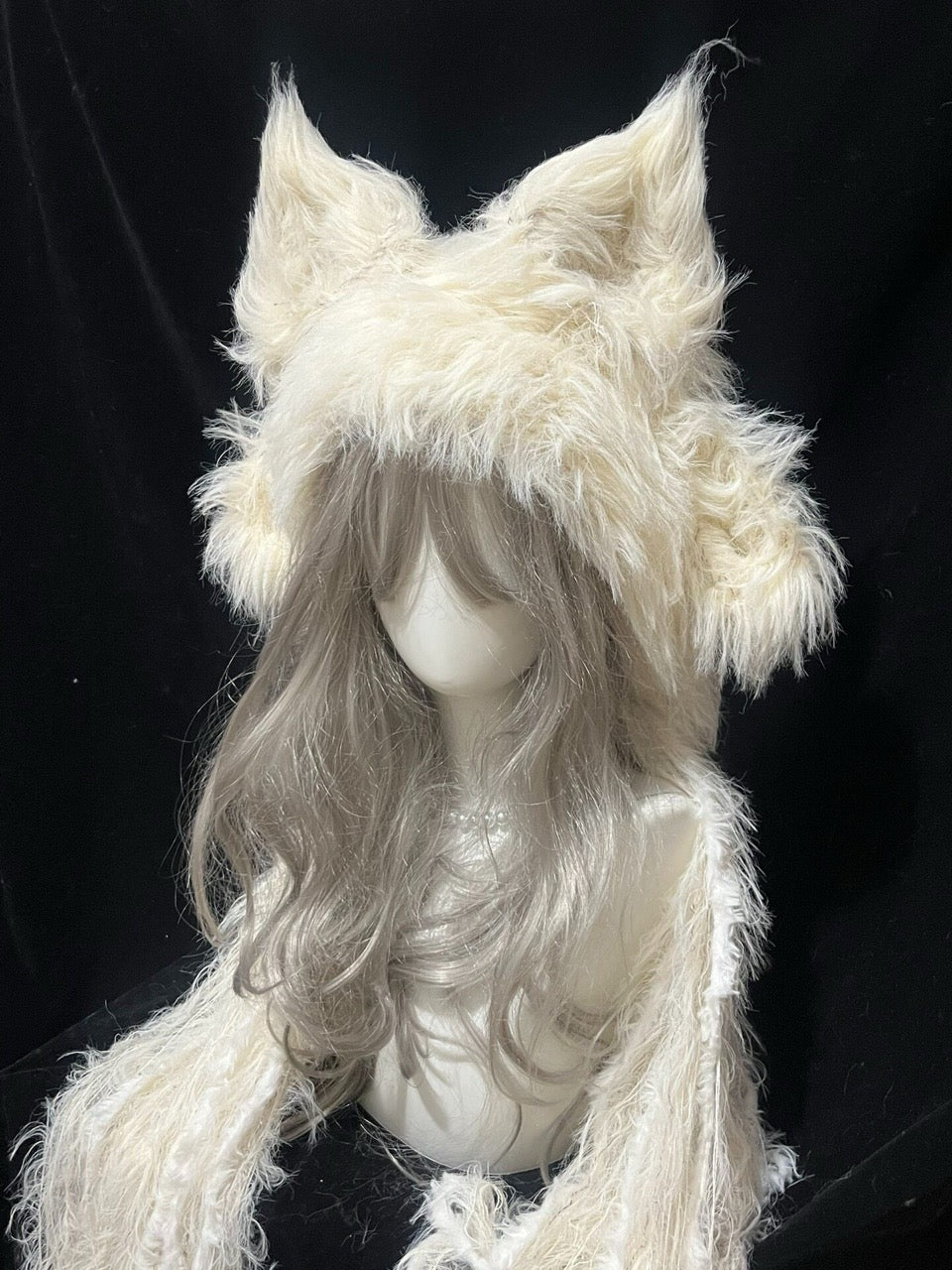 handmade crochet fairycore fox ear hood with shaggy cream white faux fur, tall pointed animal ears and long draped sides, perfect for winter cosplay and whimsical styling