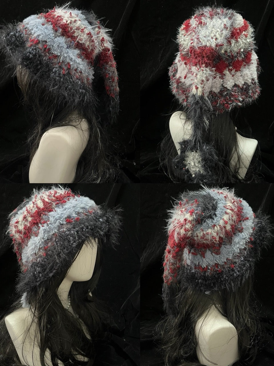 handmade crochet gothic elf hat in gray, red, black, and white shaggy textured yarn with a long trailing point, perfect for cosplay and winter alternative styling