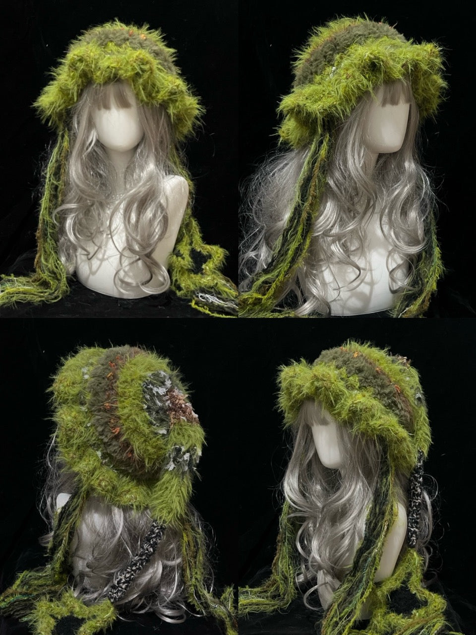 handmade crochet goblincore woodland elf hat in moss green shaggy yarn with orange accents and long trailing ties, a forest fairy accessory for festivals