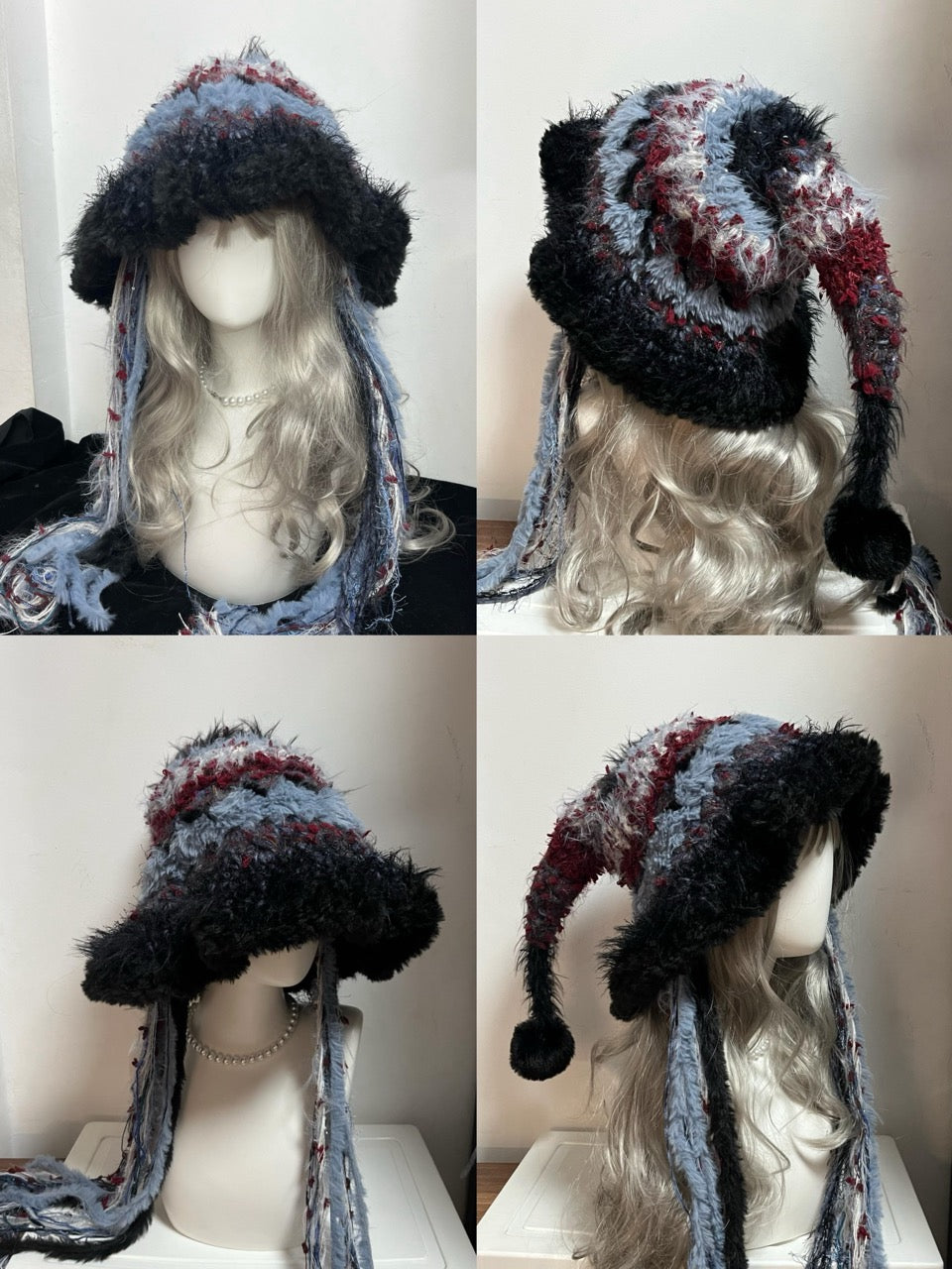 handmade crochet dark fairycore elf hat in black, blue, and red shaggy texture with a pompom tip and long braided ties, a whimsical winter hat for cosplay