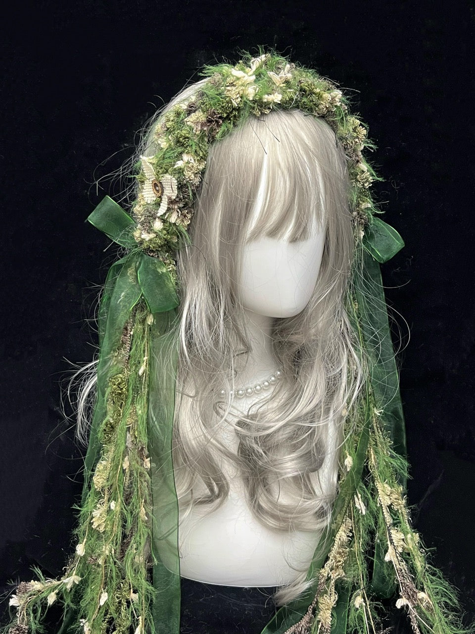 handmade crochet elf headband in green floral and vine textures, with sheer green tulle ribbon and long trailing ties, a mori girl and fairycore accessory