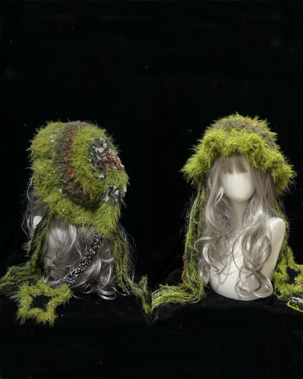 handmade crochet forest witch hat in moss green shaggy yarn with floral accents and long trailing ties, a fairycore woodland accessory