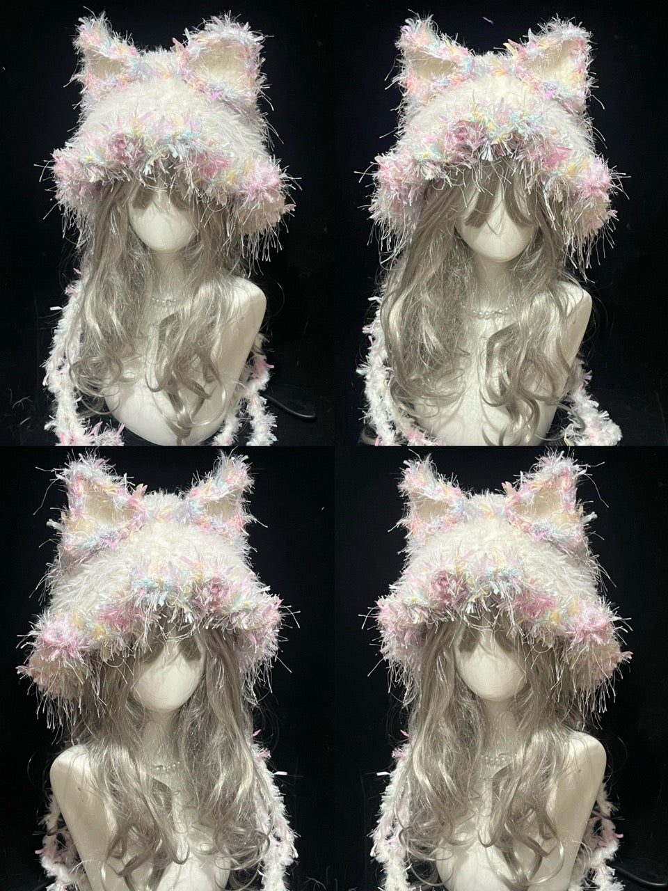 handmade crochet fairycore fox ear hood in pastel pink, white, and yellow shaggy texture with tall pointed ears and long draped ties, a whimsical cosplay accessory