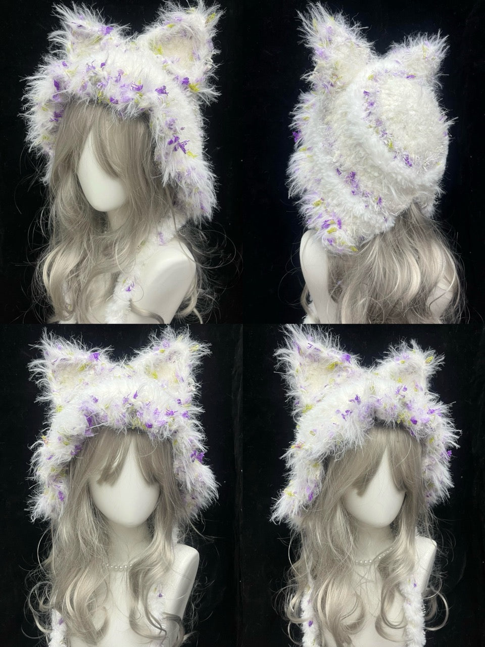 handmade crochet cottagecore fox ear hood in white shaggy texture with purple floral accents and long draped ties, a woodland fairy accessory