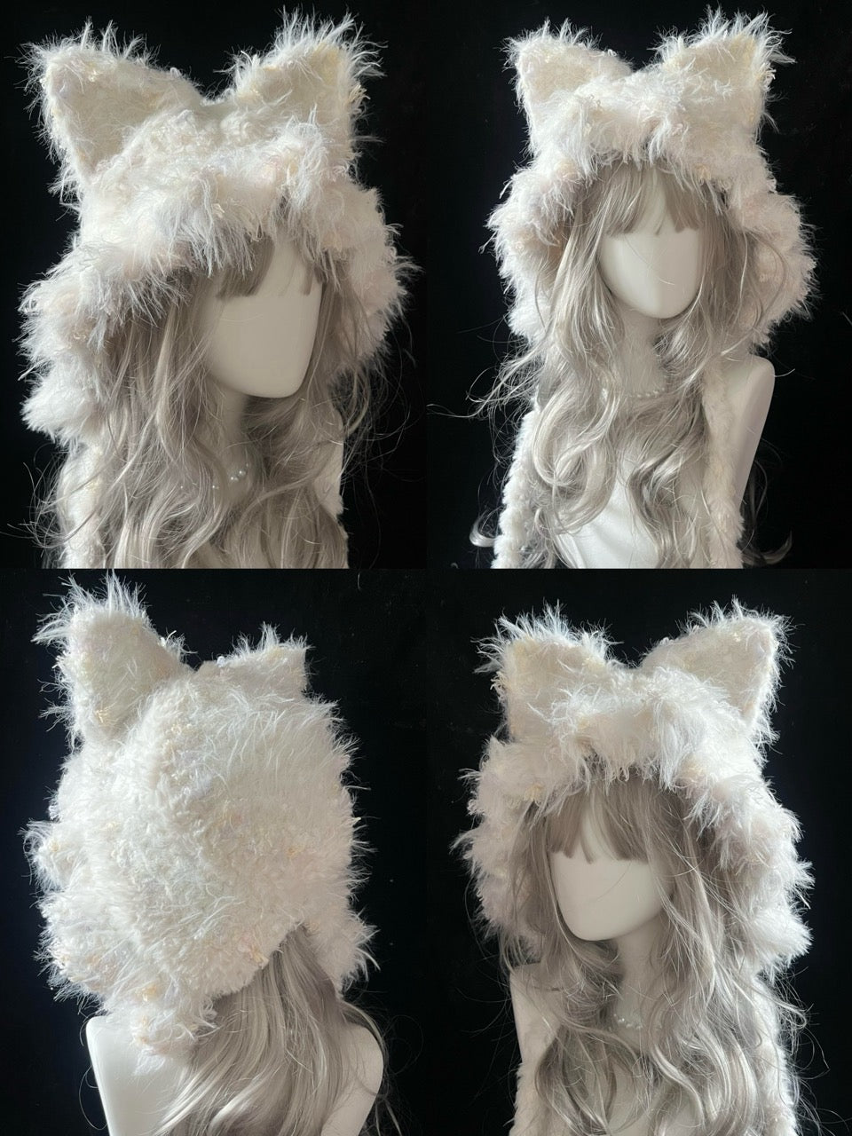 handmade crochet coquette fox ear hood in pure white and pale pink shaggy texture with pointed ears, a cozy winter hat for daily wear