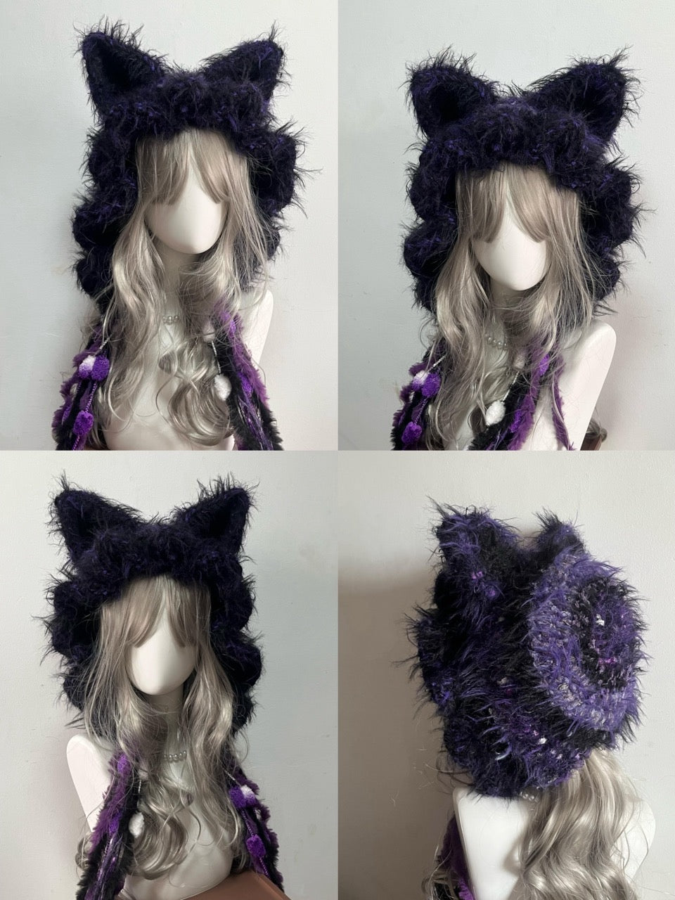 handmade crochet gothic fox ear hood in black and purple shaggy texture with pompom ties, a dark fairycore accessory for festivals and cosplay