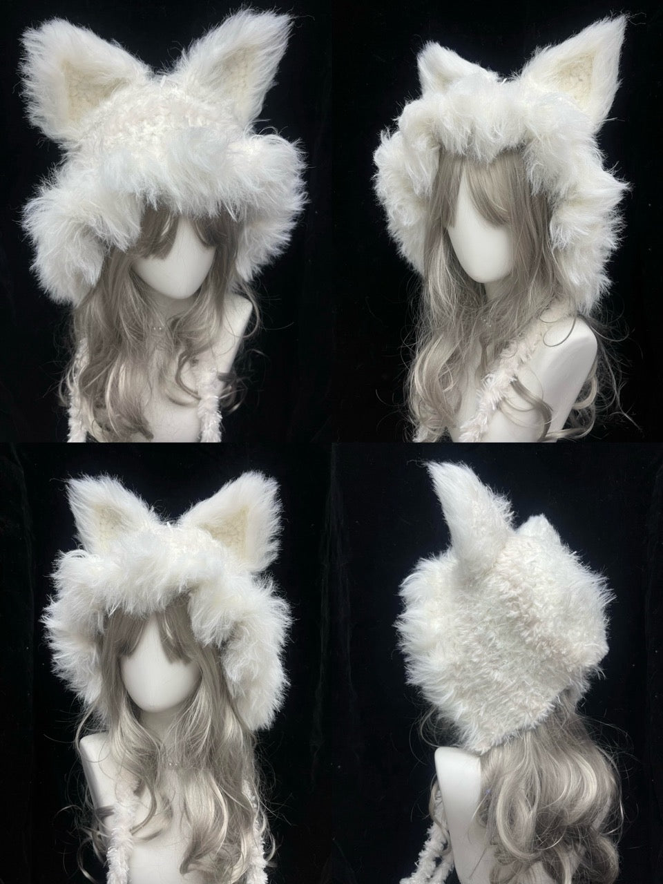 handmade crochet fairycore fox ear hood in pure white shaggy texture with tall pointed ears and long draped ties, a cozy winter cosplay accessory