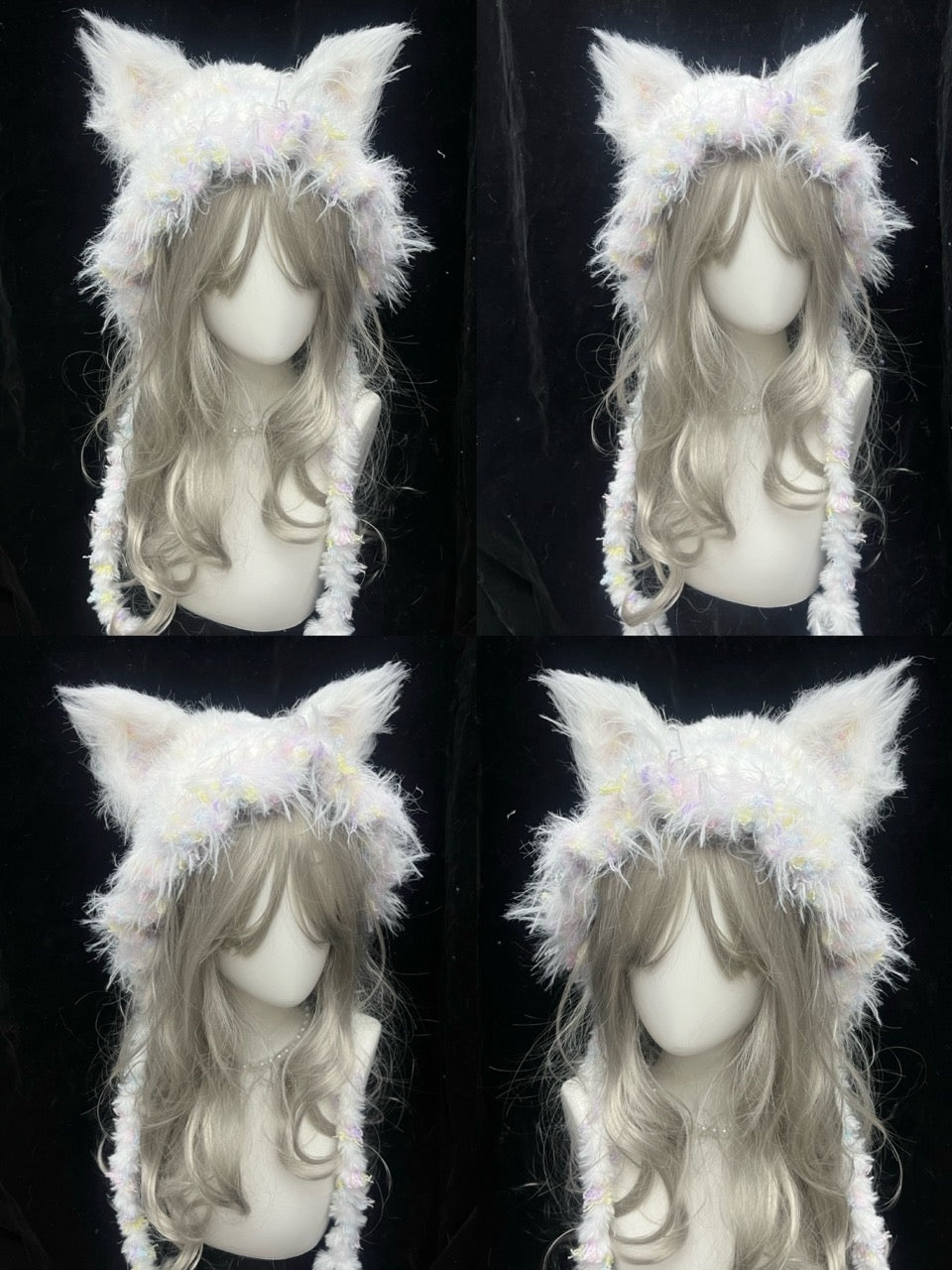 handmade crochet pastel fox ear hood in white shaggy texture with multicolor speckles, pointed ears, and long braided ties, a fairycore festival hat