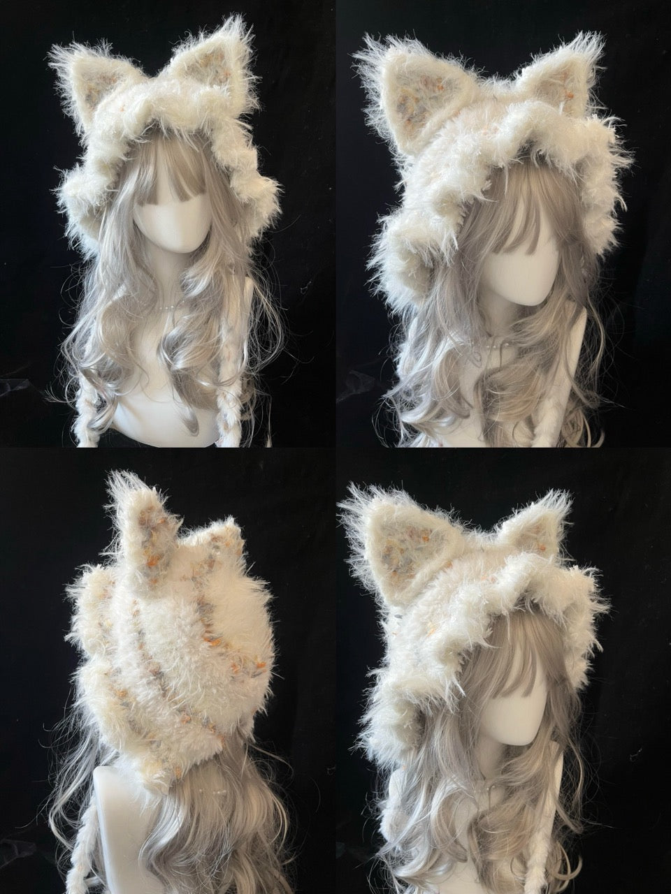 handmade crochet cottagecore fox ear hood in white shaggy texture with pale orange flecks and long braided ties, a woodland fairy accessory