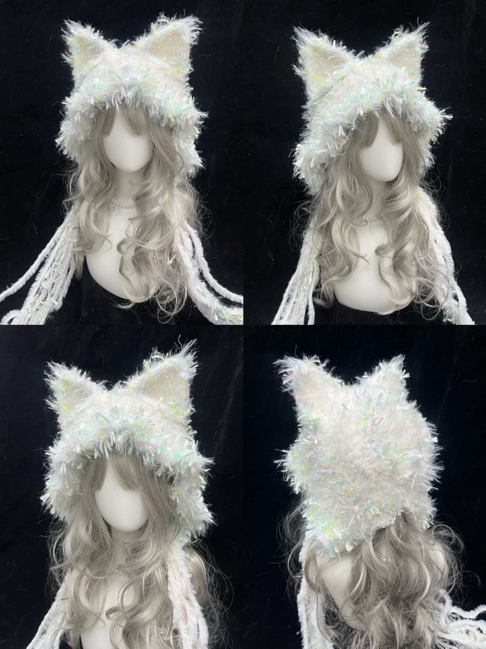 handmade crochet kawaii fox ear hood in white shaggy texture with pastel green sparkles and long textured ties, a sweet winter cosplay hat