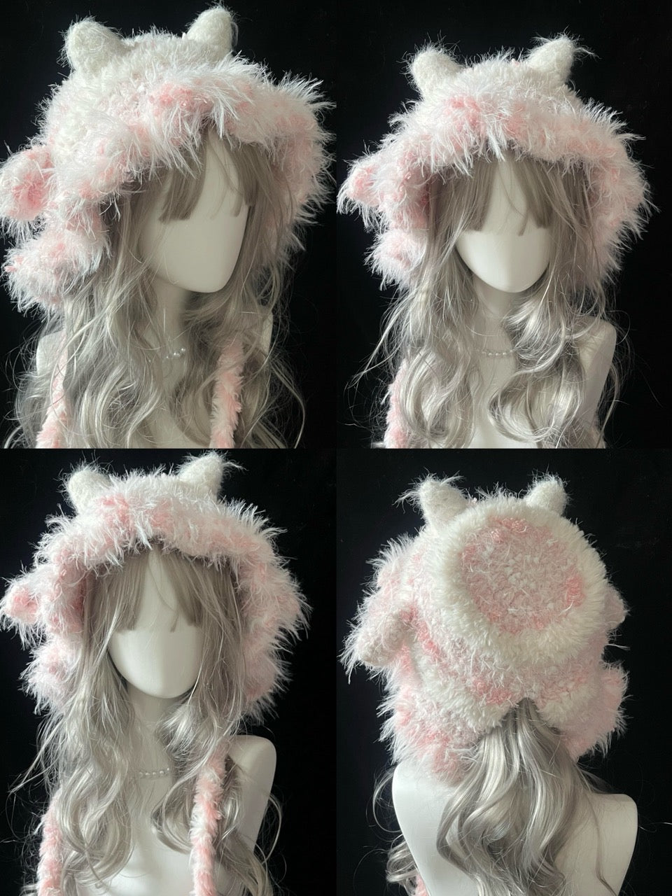 handmade crochet coquette lamb ear hood in white and pink shaggy faux fur, featuring cute rounded lamb ears and long trailing ties, a cozy winter hat