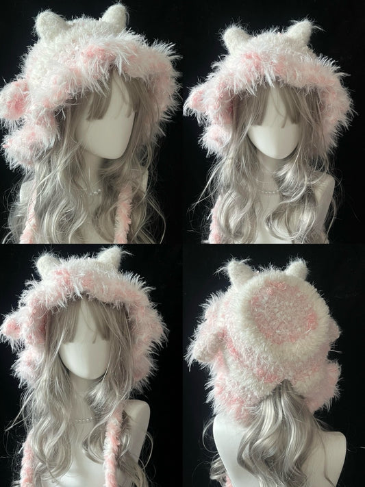 handmade crochet coquette lamb ear hood in white and pink shaggy faux fur, featuring cute rounded lamb ears and long trailing ties, a cozy winter hat
