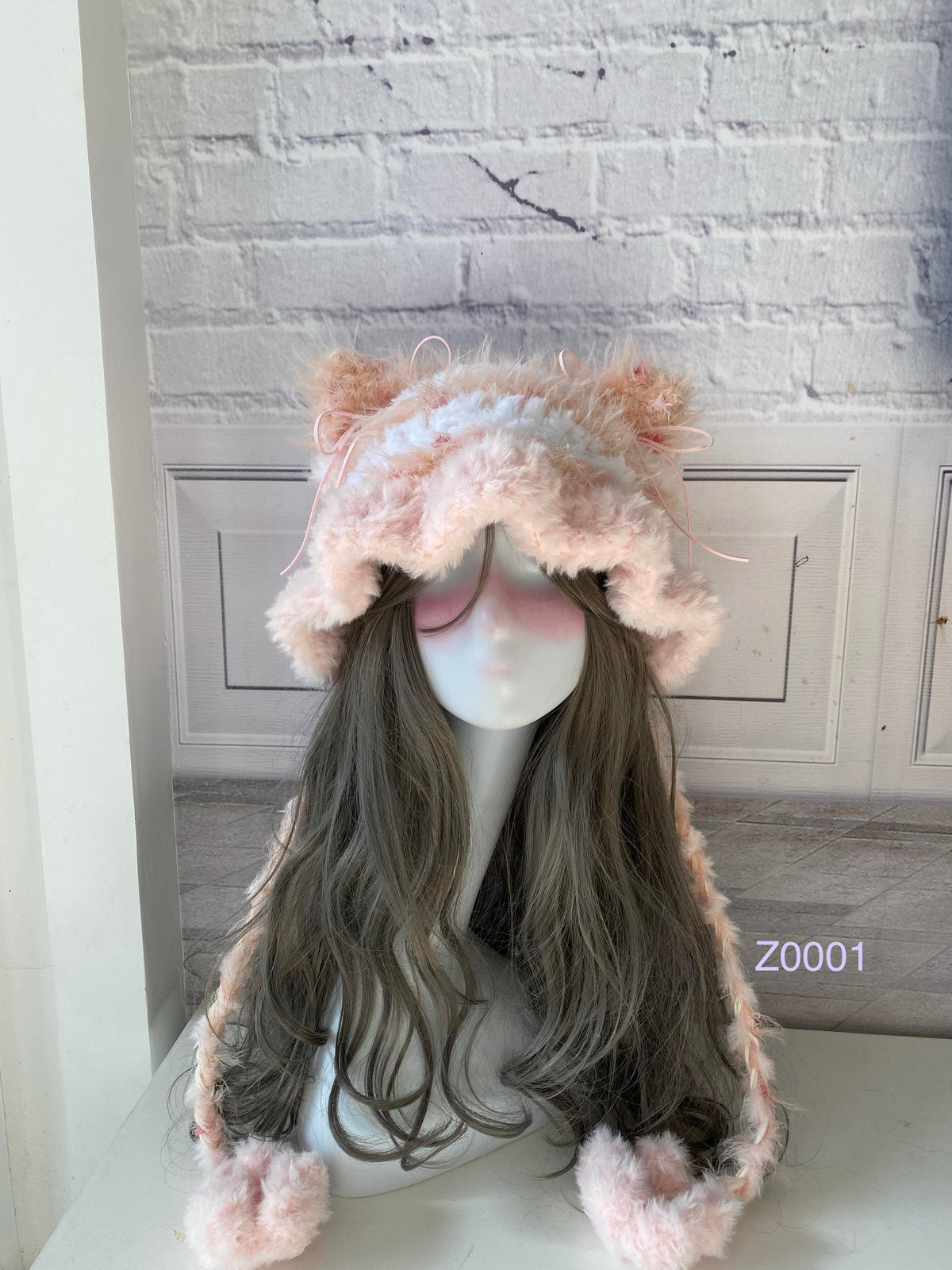 handmade crochet coquette fairycore cat ear hat in pale pink floral fluffy texture with pointed ears and soft pompom ties. Sweet winter headwear for cosplay, photoshoot prop and romantic gift giving