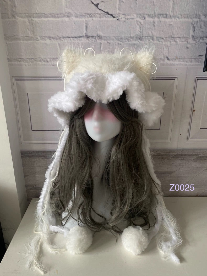 handmade crochet coquette fairycore cat ear hat in white and milk yellow texture with pointed ears and white pompom ties. Sweet winter headwear for cosplay, photoshoot prop and romantic gift giving