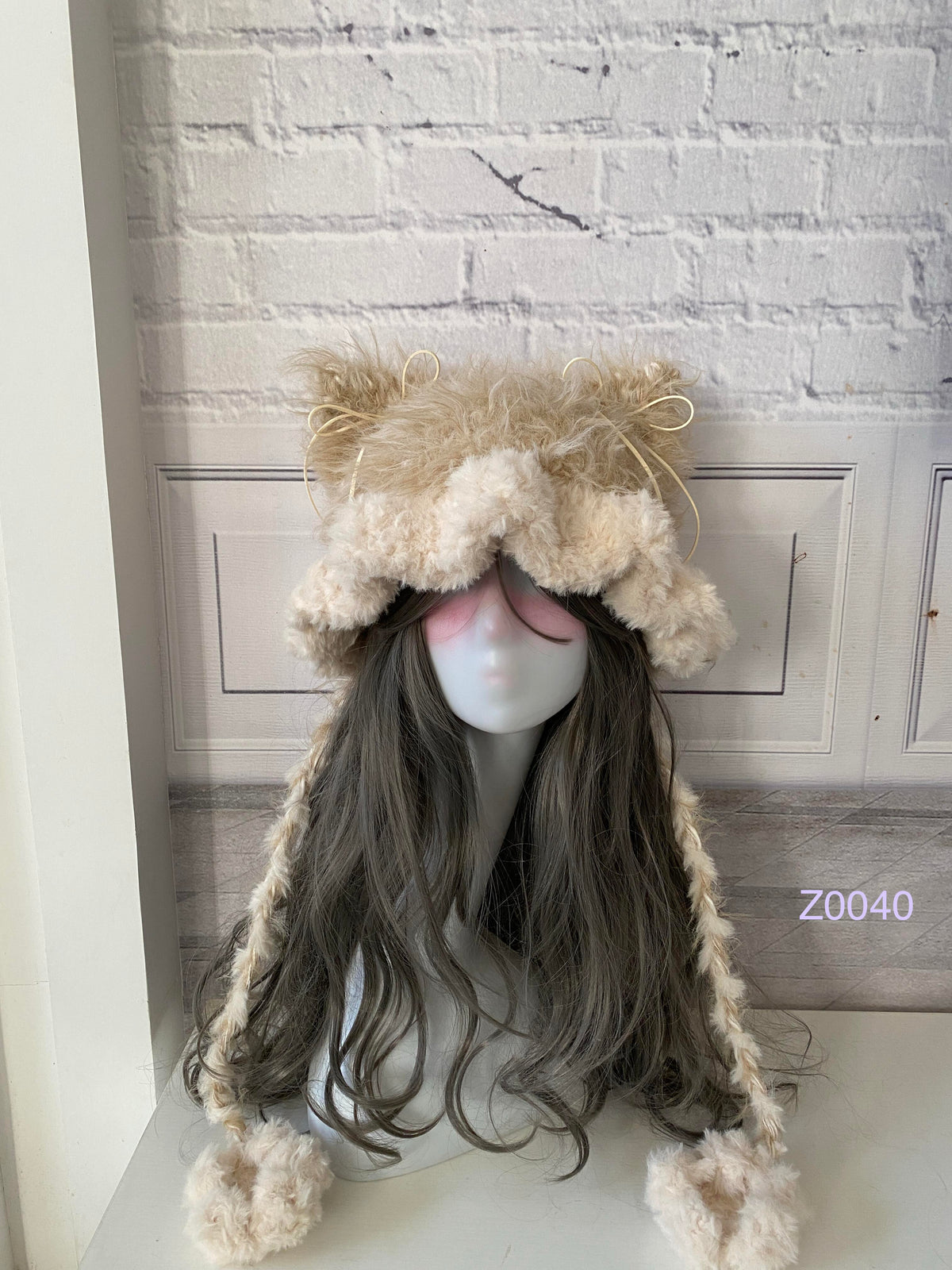 handmade crochet cottagecore coquette cat ear hat in light camel fluffy texture with pointed ears and plush pompom ties. Cozy winter headwear for cosplay, photoshoot prop and gift idea