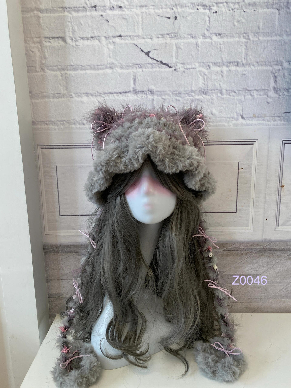 handmade crochet coquette fairycore cat ear hat in gray and purple floral fluffy texture with pink ribbon bows and plush pompom ties. Sweet winter headwear for cosplay, photoshoot prop and romantic gift giving